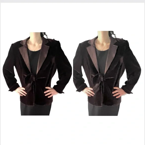 Vintage 90s Espresso Brown Velvet Blazer w/ Satin Shawl Collar & Bow Closure” - Picture 3 of 16
